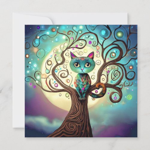 Whimsical Colorful Cat Full Moon Artwork Flat Card