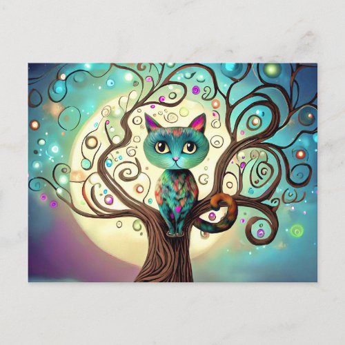 Whimsical Colorful Cat Full Moon Artwork Postcard