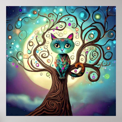Whimsical Colorful Cat Full Moon Artwork Poster