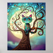 Whimsical Colorful Cat Full Moon Artwork Poster (Front)