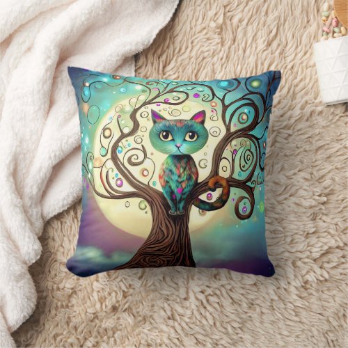 Whimsical Colorful Cat Full Moon Artwork Throw Pillow
