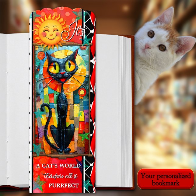 Whimsical Colorful Cat World Cute  Bookmarks (Bookmark featuring a whimsical colorful and artistic design with a black cat and smiling sun.)