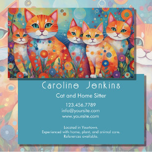 Whimsical colorful cats flowers illustration business card