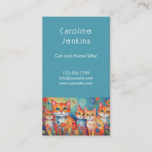 Whimsical colorful cats illustration Blue QR code Business Card