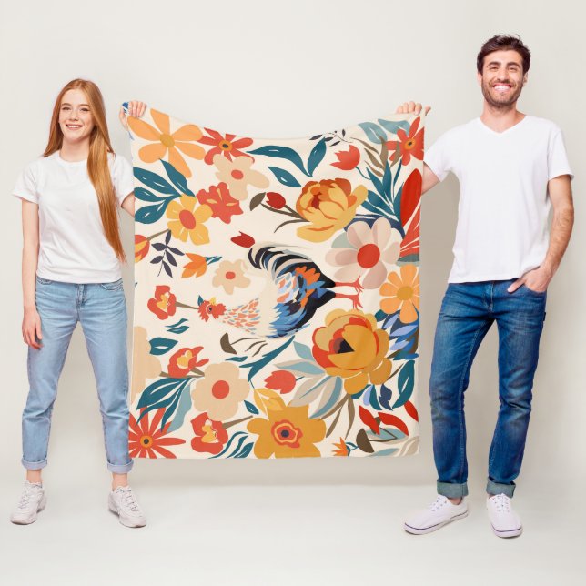 Whimsical Colorful Chicken Floral Background Fleece Blanket (In Situ)