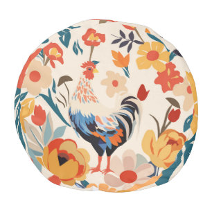 Whimsical Colorful Chicken Floral Background Pouf