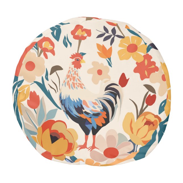 Whimsical Colorful Chicken Floral Background Pouf (Bottom)
