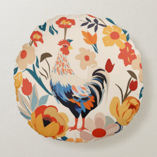 Whimsical Colorful Chicken Floral Background Round Pillow