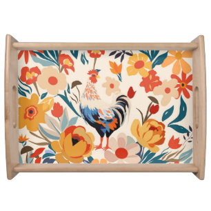 Whimsical Colorful Chicken Floral Background Serving Tray