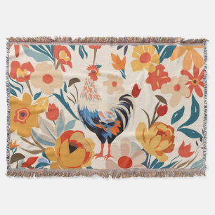 Whimsical Colorful Chicken Floral Background Throw Blanket