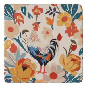 Whimsical Colorful Chicken Floral Background Trivet