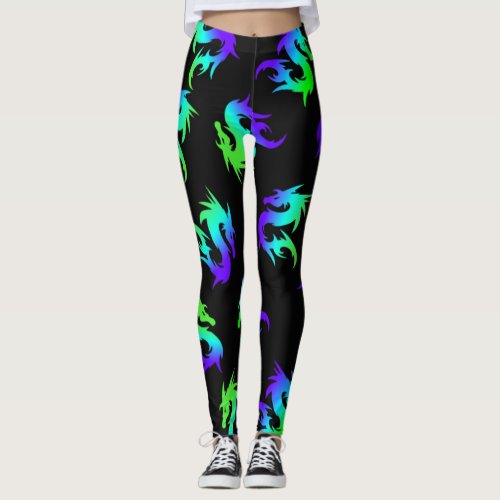 whimsical COLORFUL chinese  BLUE DRAGON PATTERN Leggings