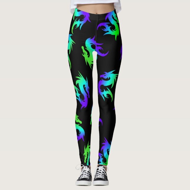 whimsical COLORFUL chinese  BLUE DRAGON PATTERN Leggings (Front)
