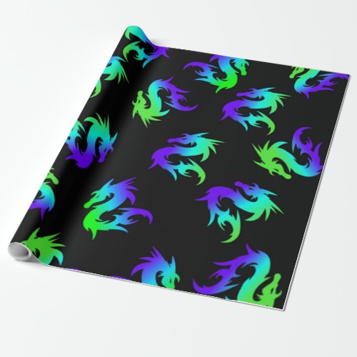 WHIMSICAL COLORFUL CHINESE  BLUE DRAGON PATTERN WRAPPING PAPER