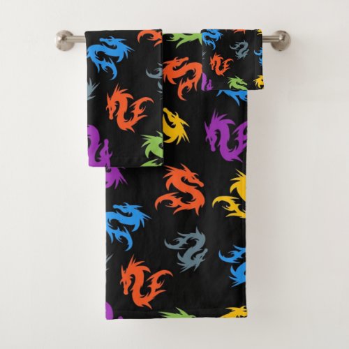 WHIMSICAL COLORFUL CHINESE DRAGON PATTERN BATH TOWEL SET