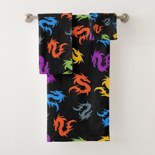 WHIMSICAL COLORFUL CHINESE DRAGON PATTERN BATH TOWEL SET (Insitu)
