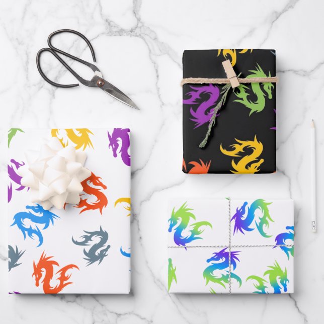 WHIMSICAL COLORFUL CHINESE DRAGON PATTERN WRAPPING PAPER SHEETS (Front)