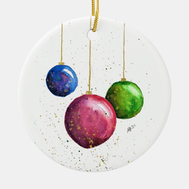 Whimsical, Colorful Christmas Baubles Ceramic Ornament (Front)