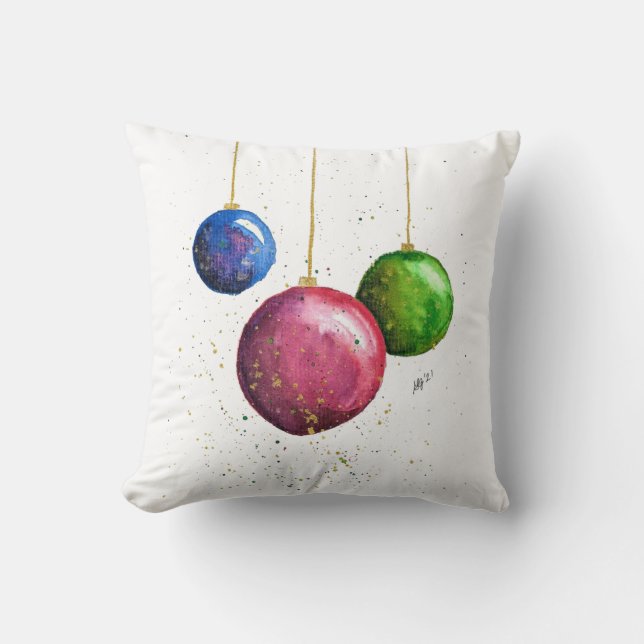 Whimsical, Colorful Christmas Baubles Throw Pillow (Front)