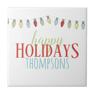 Whimsical Colorful Christmas String Lights Ceramic Tile