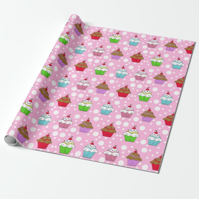 Whimsical Colorful Cupcake Wrapping Paper (Unrolled)