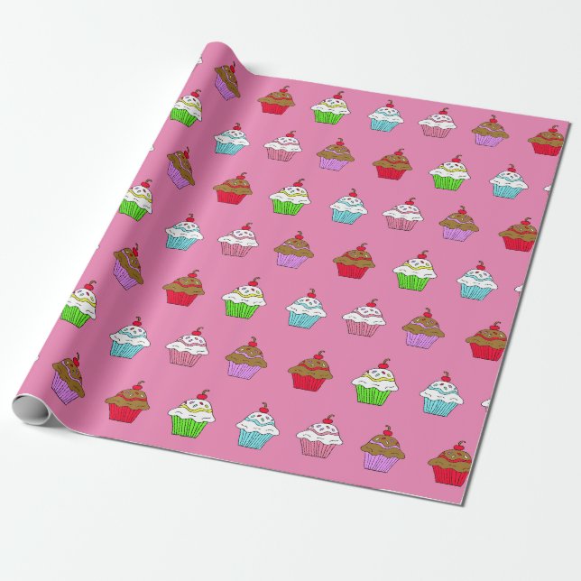Whimsical Colorful Cupcake Wrapping Paper (Unrolled)