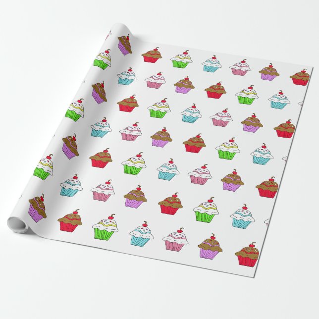 Whimsical Colorful Cupcake Wrapping Paper (Unrolled)