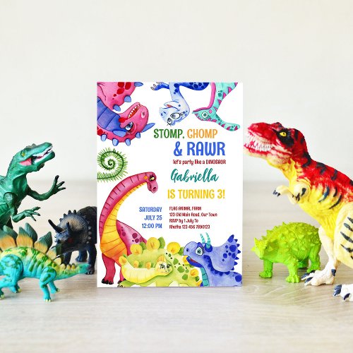 Whimsical colorful dinosaurs kids birthday party invitation