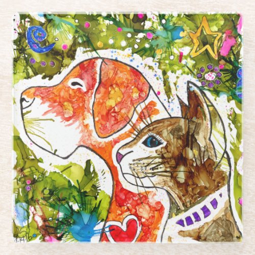Whimsical Colorful Dog and Cat  Glass Coaster