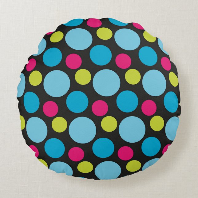 Whimsical Colorful Dots Pattern Blue Pink Modern Round Pillow (Front)