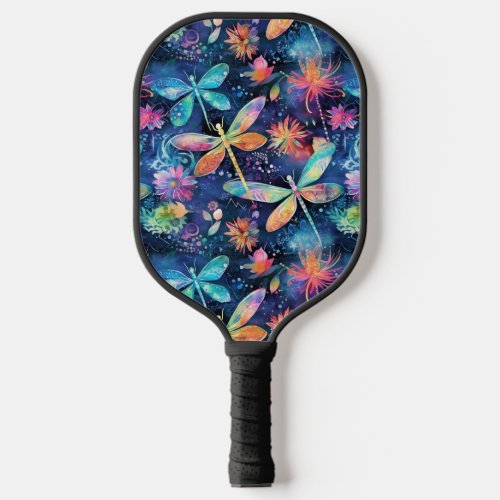 Whimsical colorful dragonfly pattern pickleball paddle