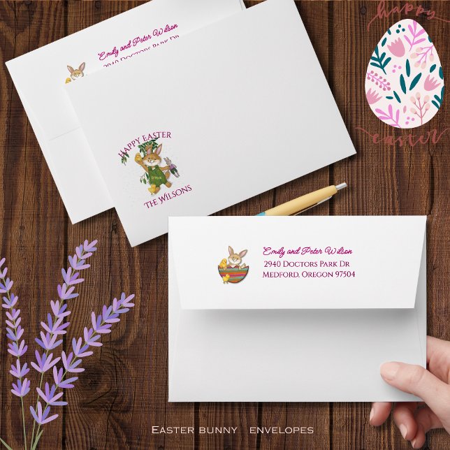 Whimsical Colorful Easter Bunny & Chickens Envelope (Cool Easter Bunny Custom Return address Envelope )