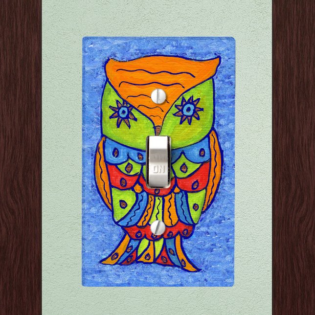 Whimsical Colorful Fantasy Owl Light Switch Cover (Fantasy abstract brightly coloured owl blue eyes on blue electrical wall plate.)