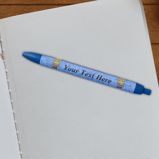 Whimsical Colorful Fantasy Owl Pen (Two fantasy  brightly coloured owls big eyes on mixed light and dark blue background on writing pen.)