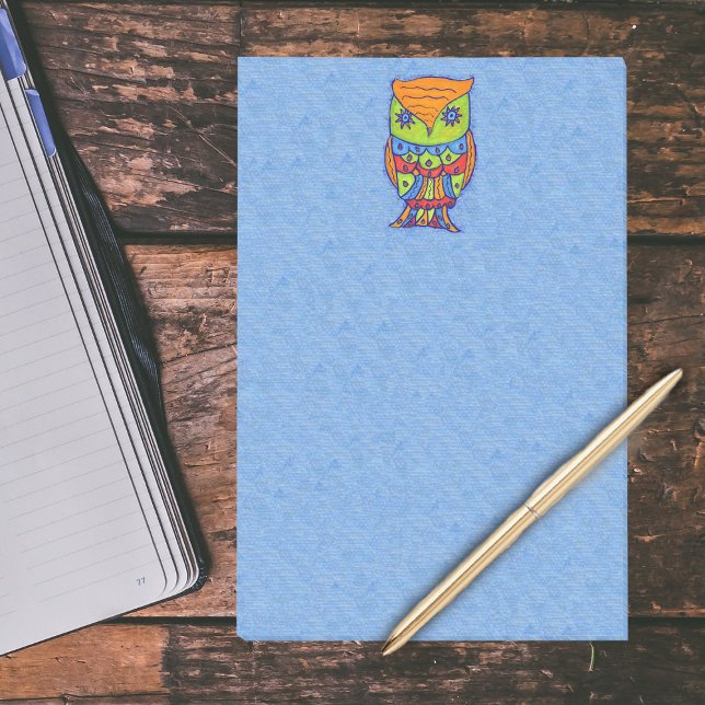 Whimsical Colorful Fantasy Owl Post-it Notes (Abstract fantasy owl in bright colours star eyes on light blue large post it notes.)