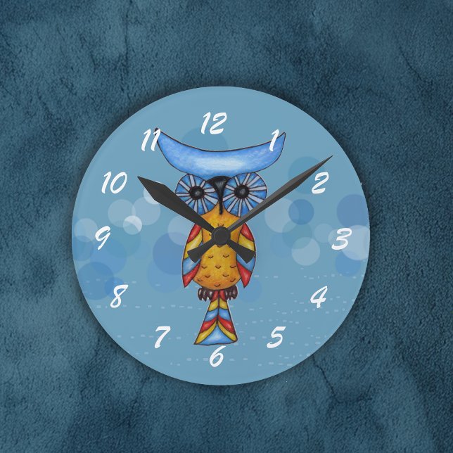 Whimsical Colorful Fantasy Owl Round Clock (Fantasy colourful owl blue eyes on round wall clock.)