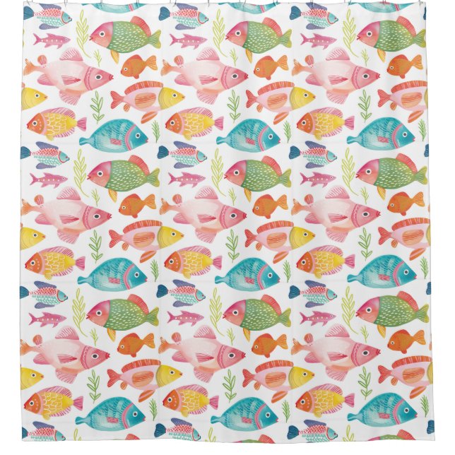 Whimsical Colorful Fish Shower Curtain (Front)