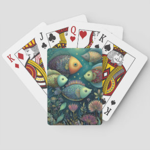 Whimsical Colorful Fish Under the Moon and Stars Poker Cards