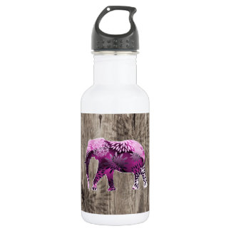 Whimsical Colorful Floral Elephant on Wood Design Water Bottle