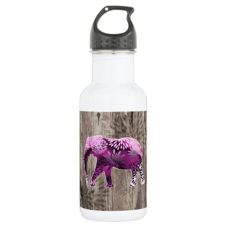 Whimsical Colorful Floral Elephant On Wood Design Water Bottle