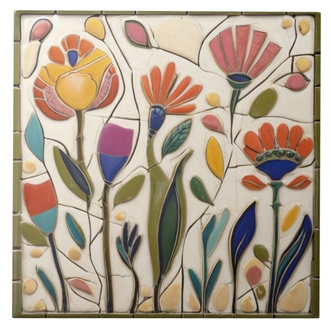 Whimsical Colorful Floral Flowers Ceramic Tile (Front)