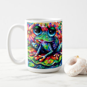 Whimsical Colorful Floral Frog on Lily Pad Coffee Mug