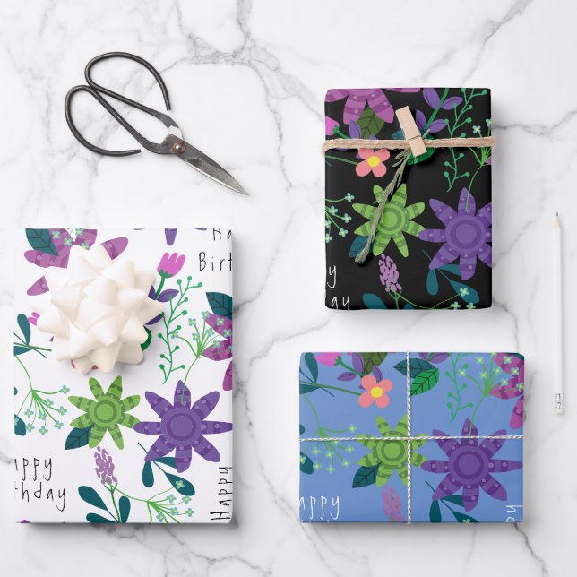 Whimsical Colorful Floral Happy Birthday  Wrapping Paper Sheets (Front)