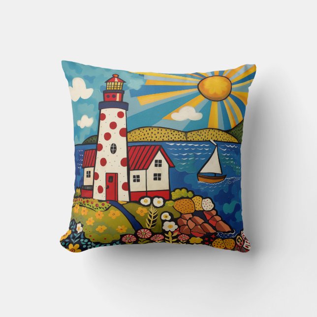 Whimsical Colorful Floral Light House Throw Pillow (Front)