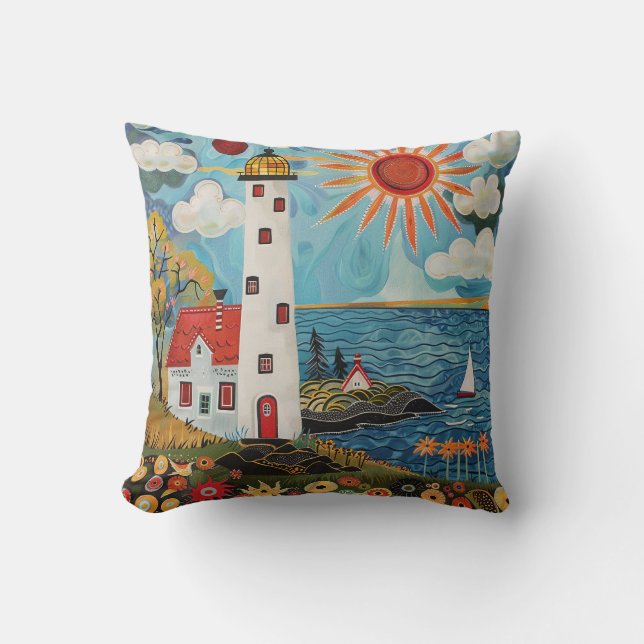 Whimsical Colorful Floral Light House Throw Pillow (Front)
