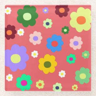 Whimsical Colorful Floral Retro, Cheerful, Preppy Glass Coaster