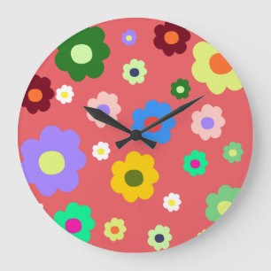 Whimsical Colorful Floral Retro, Cheerful, Preppy Large Clock