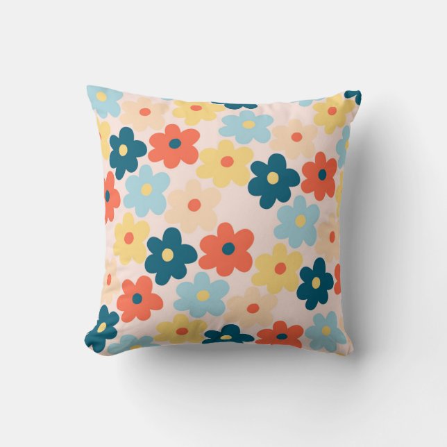 Whimsical Colorful Floral Retro, Cheerful, Preppy Throw Pillow (Front)