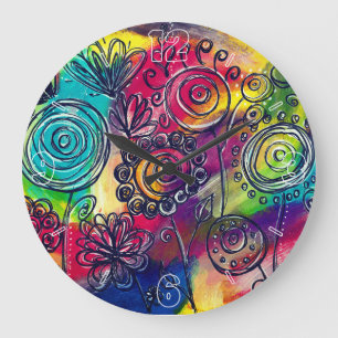 Whimsical Colorful Flower Garden Original Artwork Large Clock