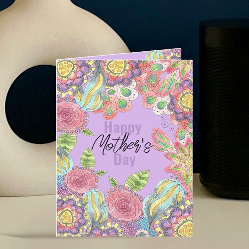 Whimsical Colorful Flowers on Purple Mothers Day Card